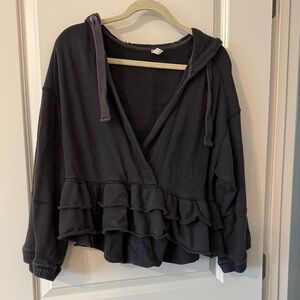 FP Movement by Free People Black Hooded Ruffle Wrap Sweatshirt